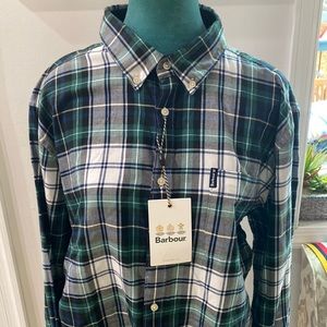 Barbour Tailored Shirt Men's Large Green Blue White Plaid Button Down